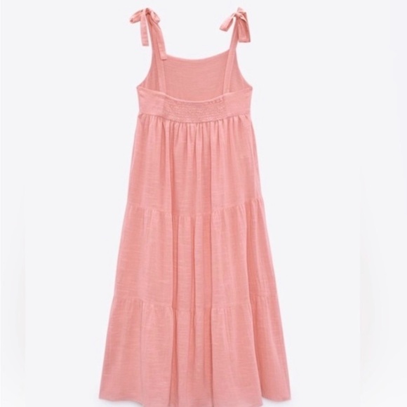 Zara tiered cotton midi dress in bubble gum pink with tie straps - Picture 5 of 8